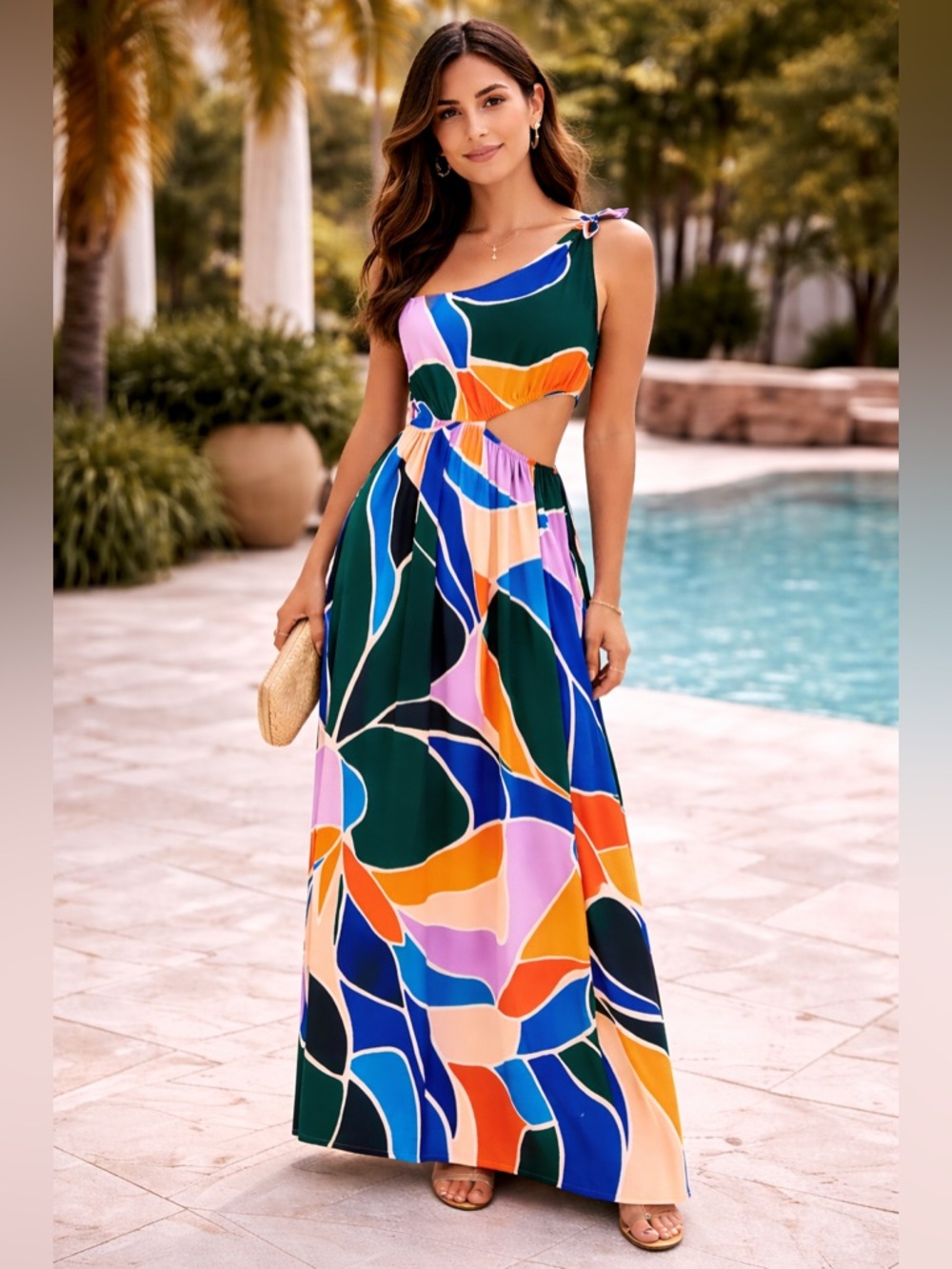 fab’rik One Shoulder Cutout Maxi Dress 🌴 Bold Colorblock Resort Mediterranean